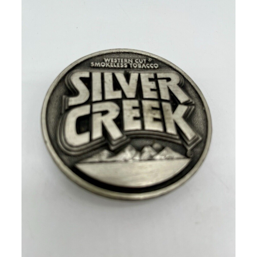 VINTAGE VTG 1982 SILVER CREEK WESTERN CUT SMOKELESS TOBACCO PEWTER BELT BUCKLE